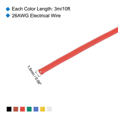 Harfington 26 Gauge Silicone Wire 26AWG Electrical Wire Stranded Wire Flexible Tinned Copper Wire High Temp Hookup Wire 7 Color 3.0m/10ft 7pcs