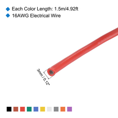 Harfington 16 Gauge Silicone Wire 16AWG Electrical Wire Stranded Wire Flexible Tinned Copper Wire High Temp Hookup Wire 10 Color 1.5m/4.92ft 10pcs