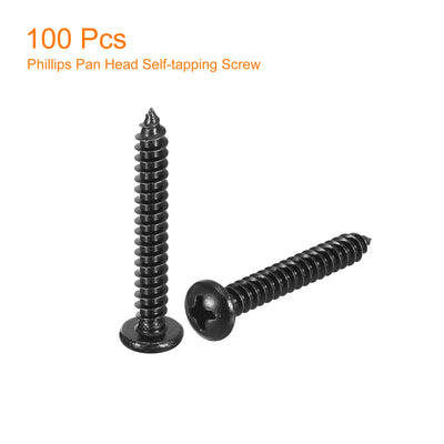 Harfington Uxcell 4mm x 30mm Phillips Pan Head Self-tapping Screw, 100pcs - 304 Stainless Steel Round Head Wood Screw Full Thread (Black)