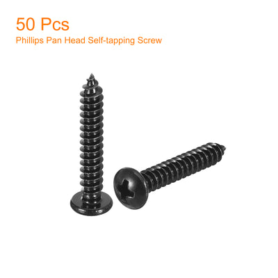 Harfington Uxcell 5mm x 30mm Phillips Pan Head Self-tapping Screw, 50pcs - 304 Stainless Steel Round Head Wood Screw Full Thread (Black)