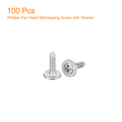 Harfington Uxcell ST1.4x6mm Phillips Pan Head Self-tapping Screw with Washer, 100pcs - 304 Stainless Steel Wood Screw Full Thread (Silver)