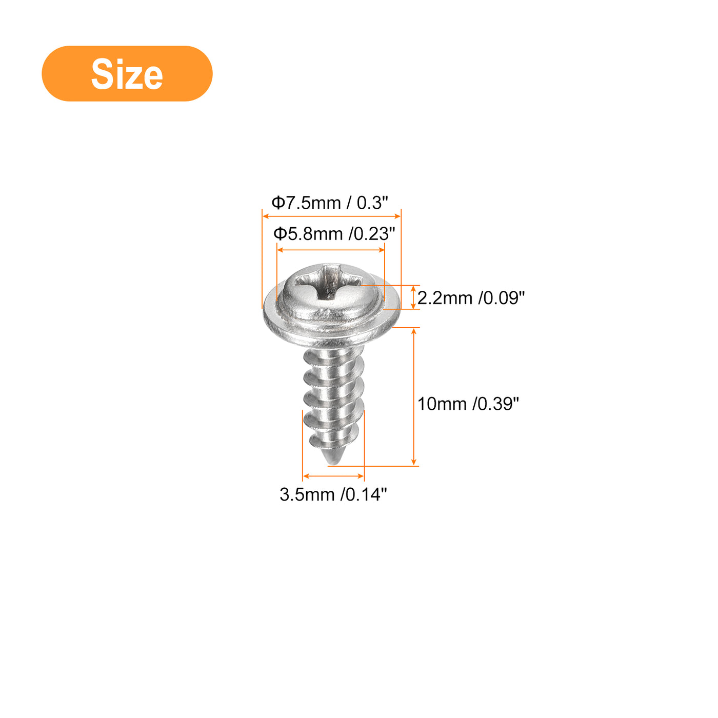 uxcell Uxcell ST3.5x10mm Phillips Pan Head Self-tapping Screw with Washer, 100pcs - 304 Stainless Steel Wood Screw Full Thread (Silver)