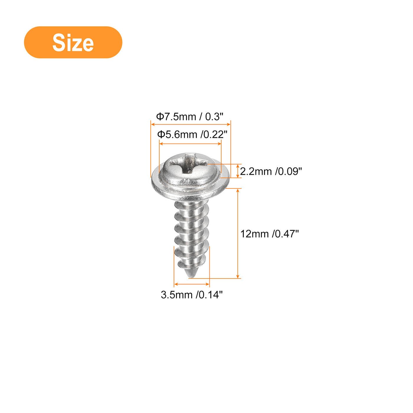 uxcell Uxcell ST3.5x12mm Phillips Pan Head Self-tapping Screw with Washer, 100pcs - 304 Stainless Steel Wood Screw Full Thread (Silver)