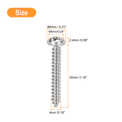 Harfington Uxcell ST4x30mm Phillips Pan Head Self-tapping Screw with Washer, 100pcs - 304 Stainless Steel Wood Screw Full Thread (Silver)