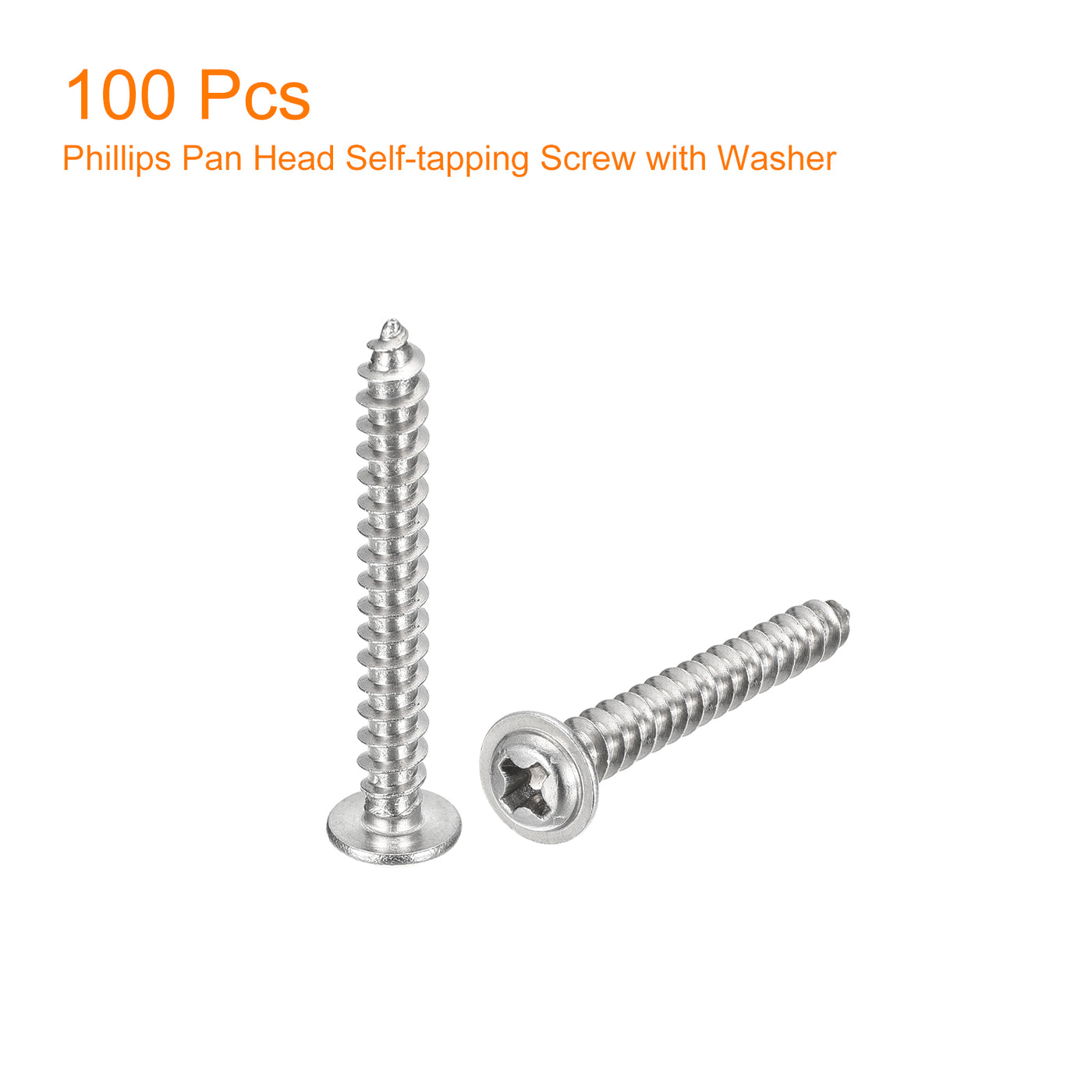 uxcell Uxcell ST4x30mm Phillips Pan Head Self-tapping Screw with Washer, 100pcs - 304 Stainless Steel Wood Screw Full Thread (Silver)