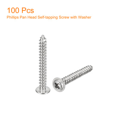 Harfington Uxcell ST4x30mm Phillips Pan Head Self-tapping Screw with Washer, 100pcs - 304 Stainless Steel Wood Screw Full Thread (Silver)