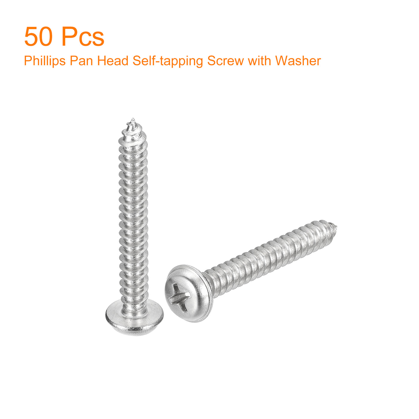 uxcell Uxcell ST5x35mm Phillips Pan Head Self-tapping Screw with Washer, 50pcs - 304 Stainless Steel Wood Screw Full Thread (Silver)