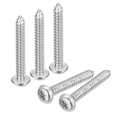 Harfington Uxcell ST5x35mm Phillips Pan Head Self-tapping Screw with Washer, 50pcs - 304 Stainless Steel Wood Screw Full Thread (Silver)