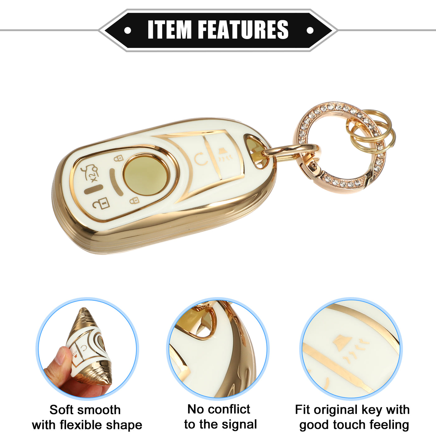 VekAuto 6 Button Key Fob Shell Cover Case Compatible for Buick Encore Enclave, Flexible TPU White Smart Keyless Entry Key Fob Protector with Keychain