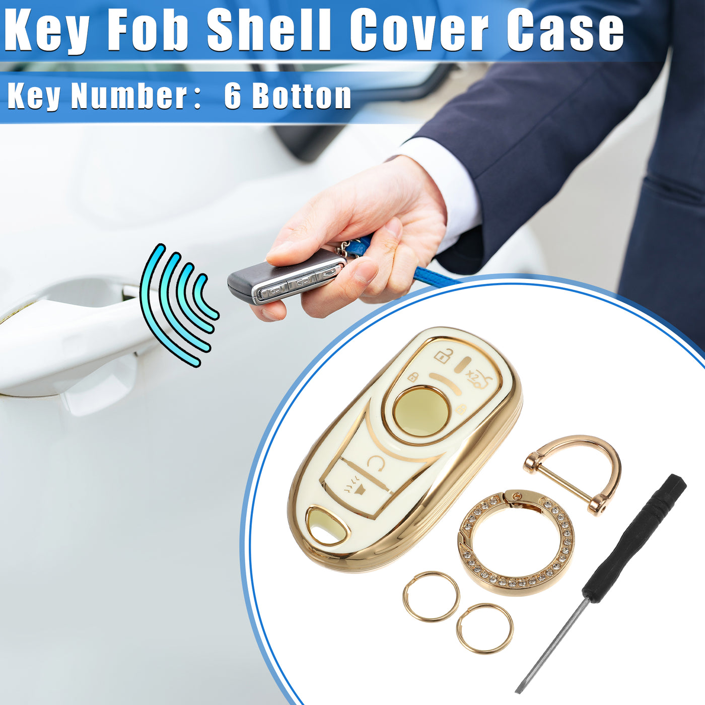 VekAuto 6 Button Key Fob Shell Cover Case Compatible for Buick Encore Enclave, Flexible TPU White Smart Keyless Entry Key Fob Protector with Keychain