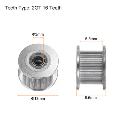 Harfington 2pcs 2GT Idler Pulley 16 Teeth 3mm Bore 13mm Dia. 6mm Width Belt, Silver Tone