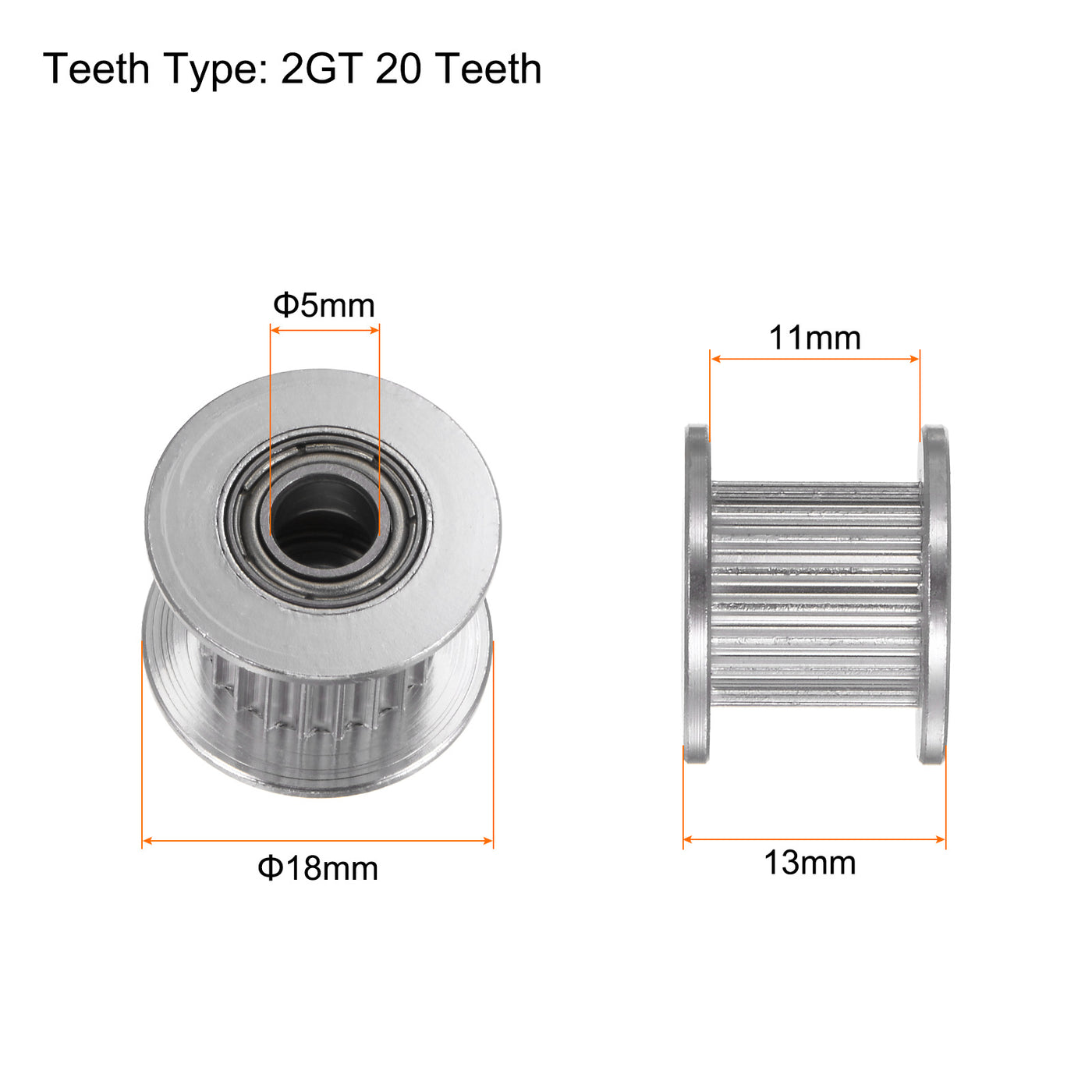 Harfington 2pcs 2GT Idler Pulley 20 Teeth 5mm Bore 18mm Dia. 10mm Width Belt, Silver Tone