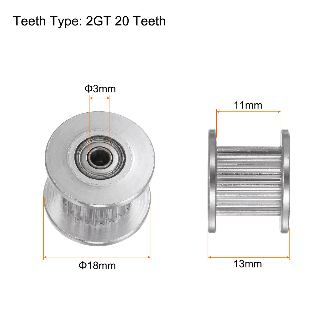 Harfington 2pcs 2GT Idler Pulley 20 Teeth 3mm Bore 18mm Dia. 10mm Width Belt, Silver Tone