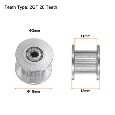 Harfington 2pcs 2GT Idler Pulley 20 Teeth 3mm Bore 18mm Dia. 10mm Width Belt, Silver Tone