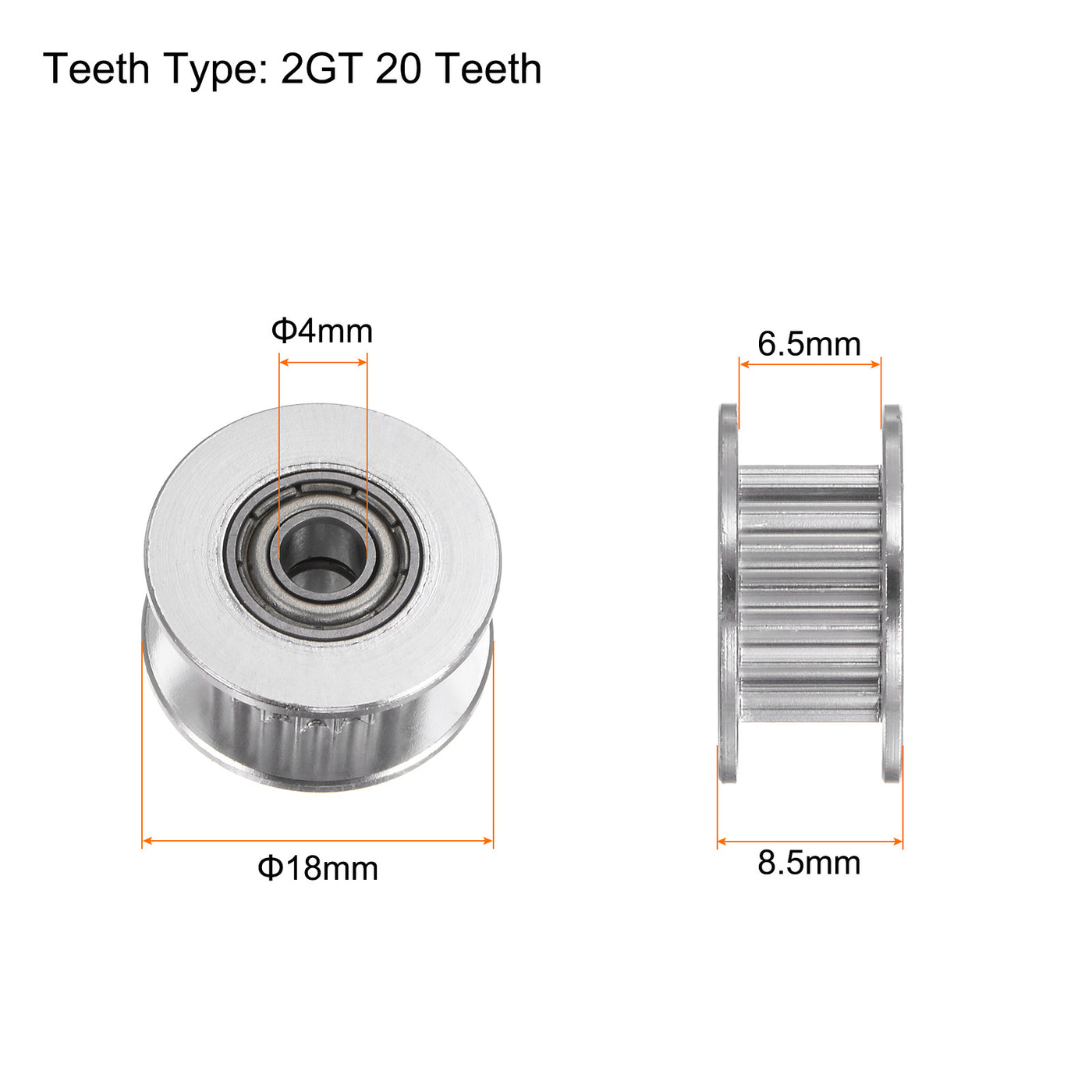 Harfington 2pcs 2GT Idler Pulley 20 Teeth 4mm Bore 18mm Dia. 6mm Width Belt, Silver Tone