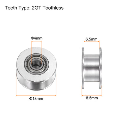 Harfington 2pcs 2GT Idler Pulley 4mm Bore 18mm Dia. 6mm Width Belt Toothless, Silver Tone