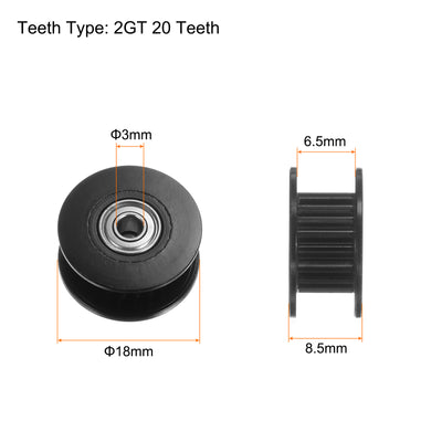 Harfington 5Stk 2GT Umlenkrolle 20 Zähne 3mm Bohrung 18mm Durchm. Aluminum Zahnriemen für 6mm Breite Gürtel 3D Drucker CNC Maschine Zubehör Schwarz