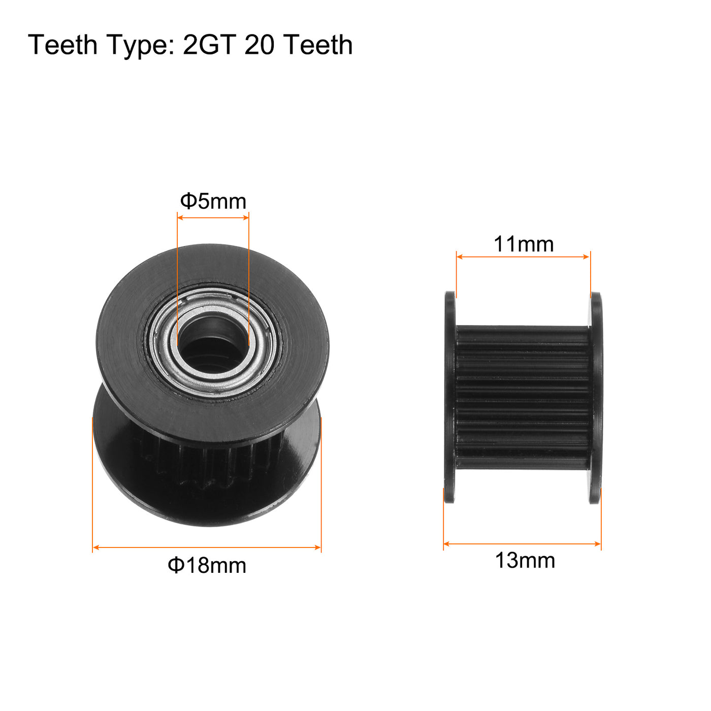 Harfington 5Stk 2GT Umlenkrolle 20 Zähne 5mm Bohrung 18mm Durchm. Aluminum Zahnriemen für 10mm Breite Gürtel 3D Drucker CNC Maschine Zubehör Schwarz