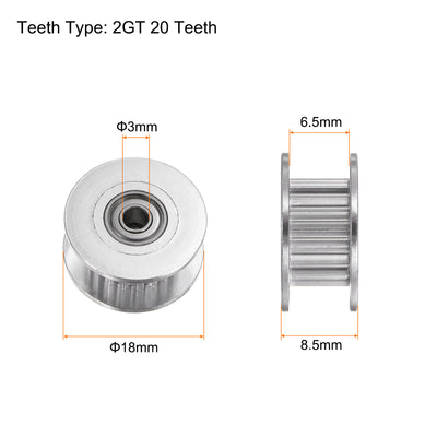 Harfington 10pcs 2GT Idler Pulley 20 Teeth 3mm Bore 18mm Dia. 6mm Width Belt, Silver Tone