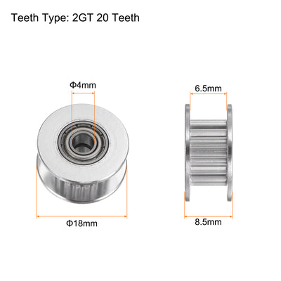 Harfington 10pcs 2GT Idler Pulley 20 Teeth 4mm Bore 18mm Dia. 6mm Width Belt, Silver Tone