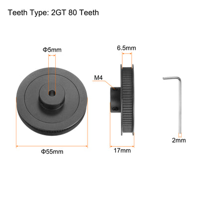 Harfington 2GT Umlenkrolle 80 Zähne 5mm Bohrung 55mm Durchm. Aluminum Zahnriemen mit 2mm Sechskant Schlüssel für 6mm Breite Gürtel 3D Drucker CNC Maschine Zubehör Schwarz