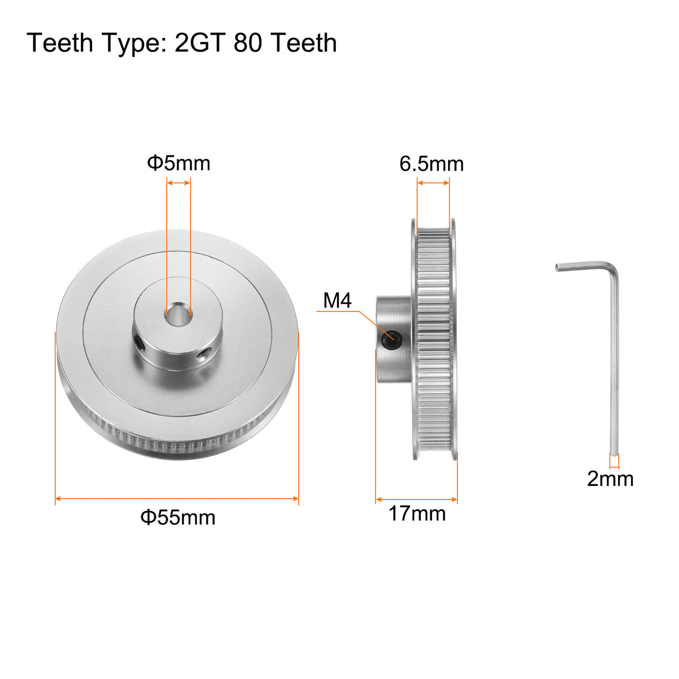 Harfington 2GT Umlenkrolle 80 Zähne 5mm Bohrung 55mm Durchm. Aluminum Zahnriemen mit 2mm Sechskant Schlüssel für 6mm Breite Gürtel 3D Drucker CNC Maschine Zubehör Silberton