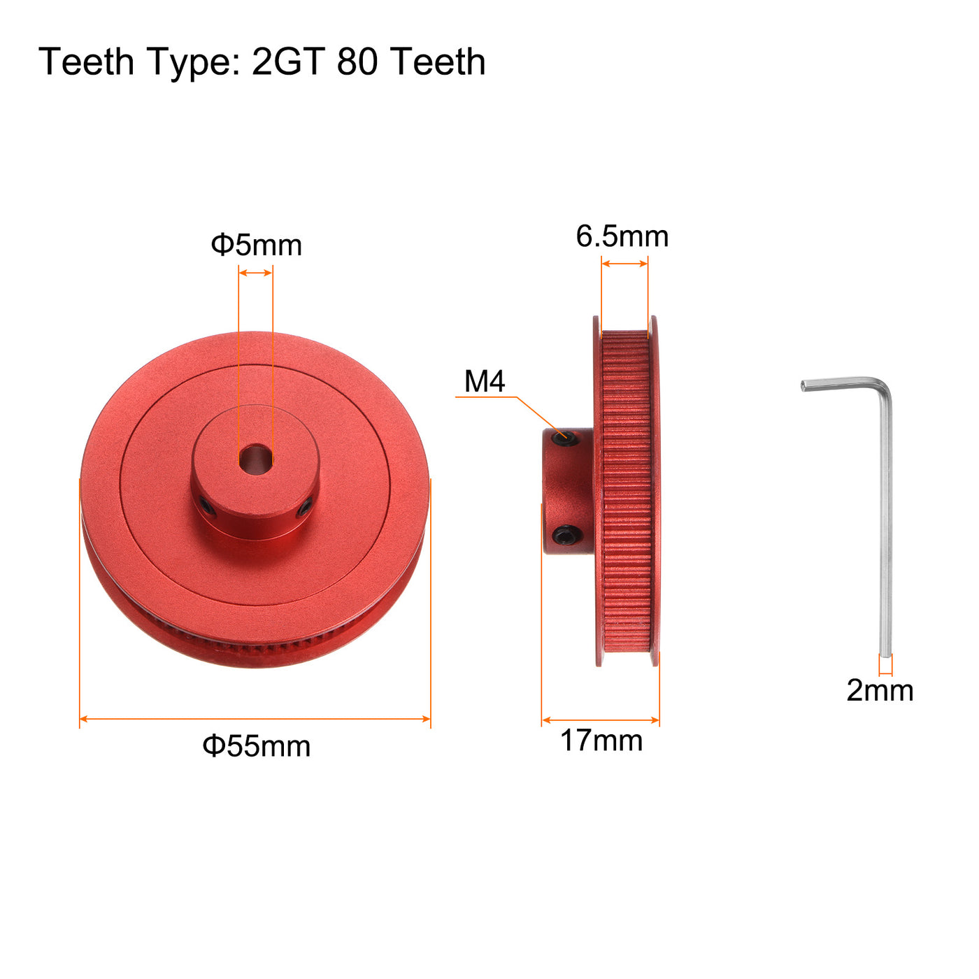 Harfington 2GT Umlenkrolle 80 Zähne 5mm Bohrung 55mm Durchm. Aluminum Zahnriemen mit 2mm Sechskant Schlüssel für 6mm Breite Gürtel 3D Drucker CNC Maschine Zubehör Rot