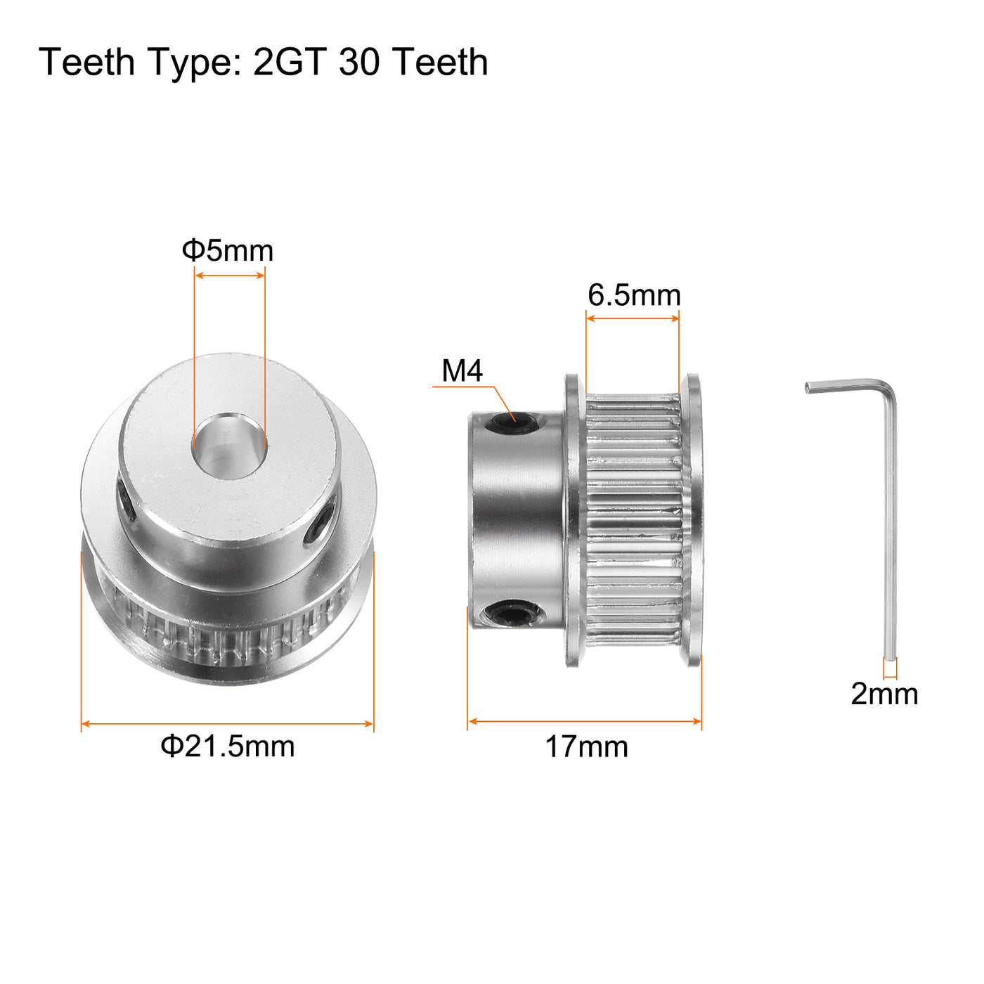 Harfington 2Stk 2GT Umlenkrolle 30 Zähne 5mm Bohrung 21.5mm Durchm. Aluminum Zahnriemen mit 2mm Sechskant Schlüssel für 6mm Breite Gürtel 3D Drucker CNC Maschine Zubehör Silberton