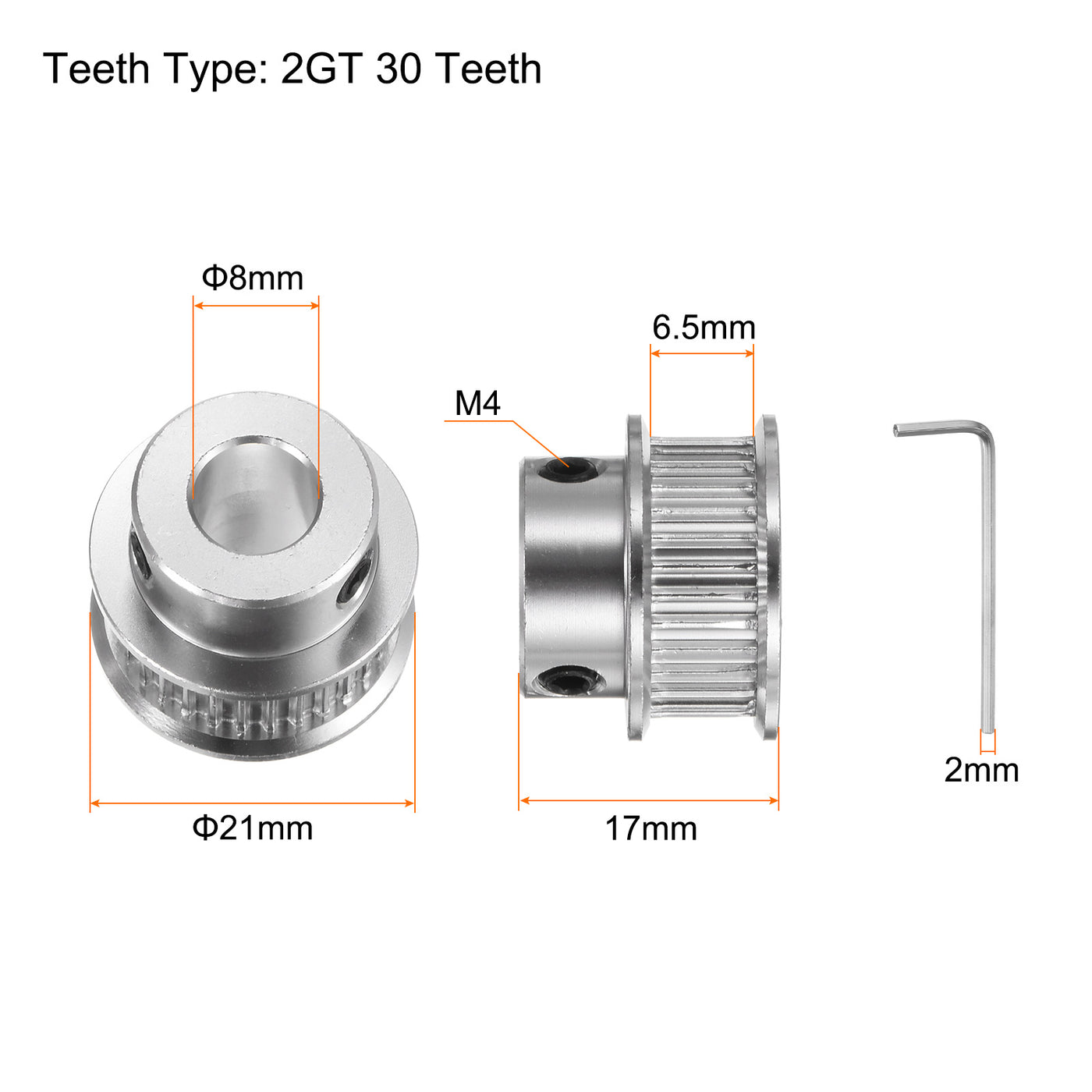 Harfington 2Stk 2GT Umlenkrolle 30 Zähne 8mm Bohrung 21mm Durchm. Aluminum Zahnriemen mit 2mm Sechskant Schlüssel für 6mm Breite Gürtel 3D Drucker CNC Maschine Zubehör Silberton