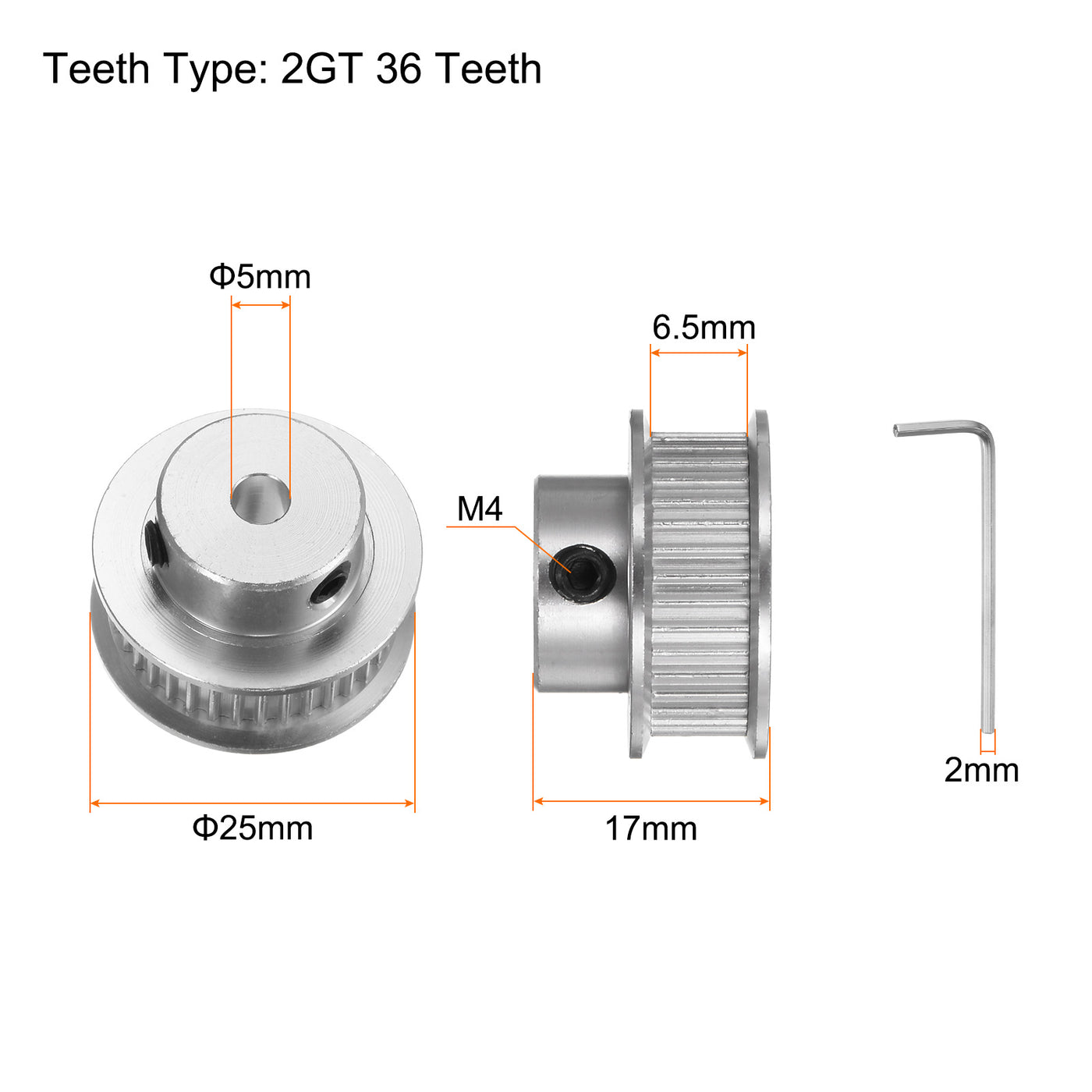 Harfington 2pcs 2GT Idler Pulley 36T 5mm Bore 25mm Dia.6mm Width Belt with 2mm Spanner