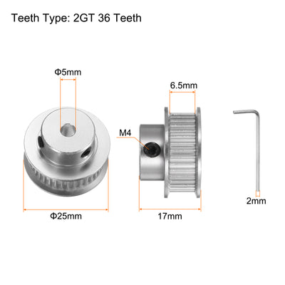 Harfington 2Stk 2GT Umlenkrolle 36 Zähne 5mm Bohrung 25mm Durchm. Aluminum Zahnriemen mit 2mm Sechskant Schlüssel für 6mm Breite Gürtel 3D Drucker CNC Maschine Zubehör Silberton