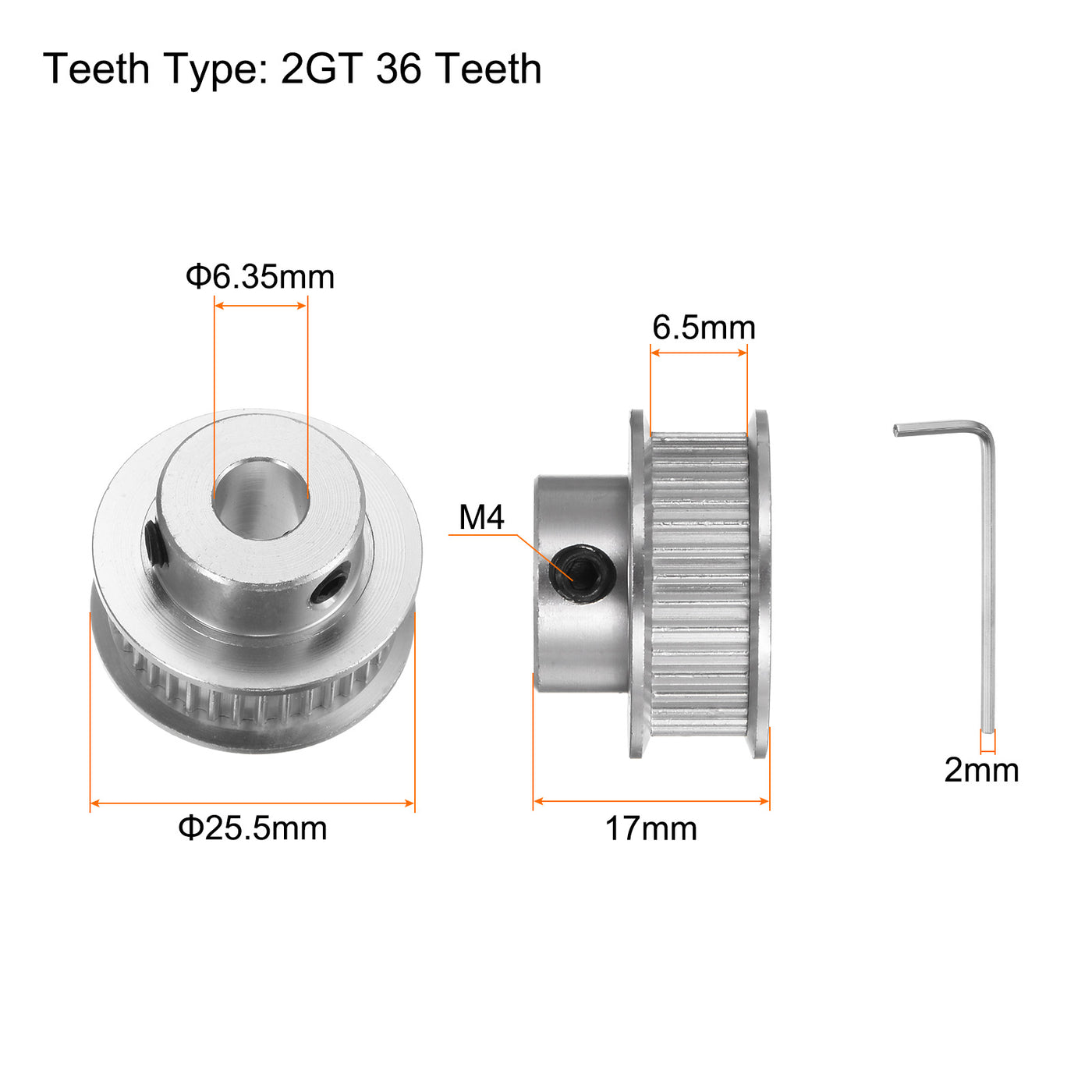 Harfington 2Stk 2GT Umlenkrolle 36 Zähne 6.35mm Bohrung 25.5mm Durchm. Aluminum Zahnriemen mit 2mm Sechskant Schlüssel für 6mm Breite Gürtel 3D Drucker CNC Maschine Zubehör Silberton