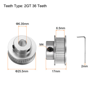 Harfington 2Stk 2GT Umlenkrolle 36 Zähne 6.35mm Bohrung 25.5mm Durchm. Aluminum Zahnriemen mit 2mm Sechskant Schlüssel für 6mm Breite Gürtel 3D Drucker CNC Maschine Zubehör Silberton