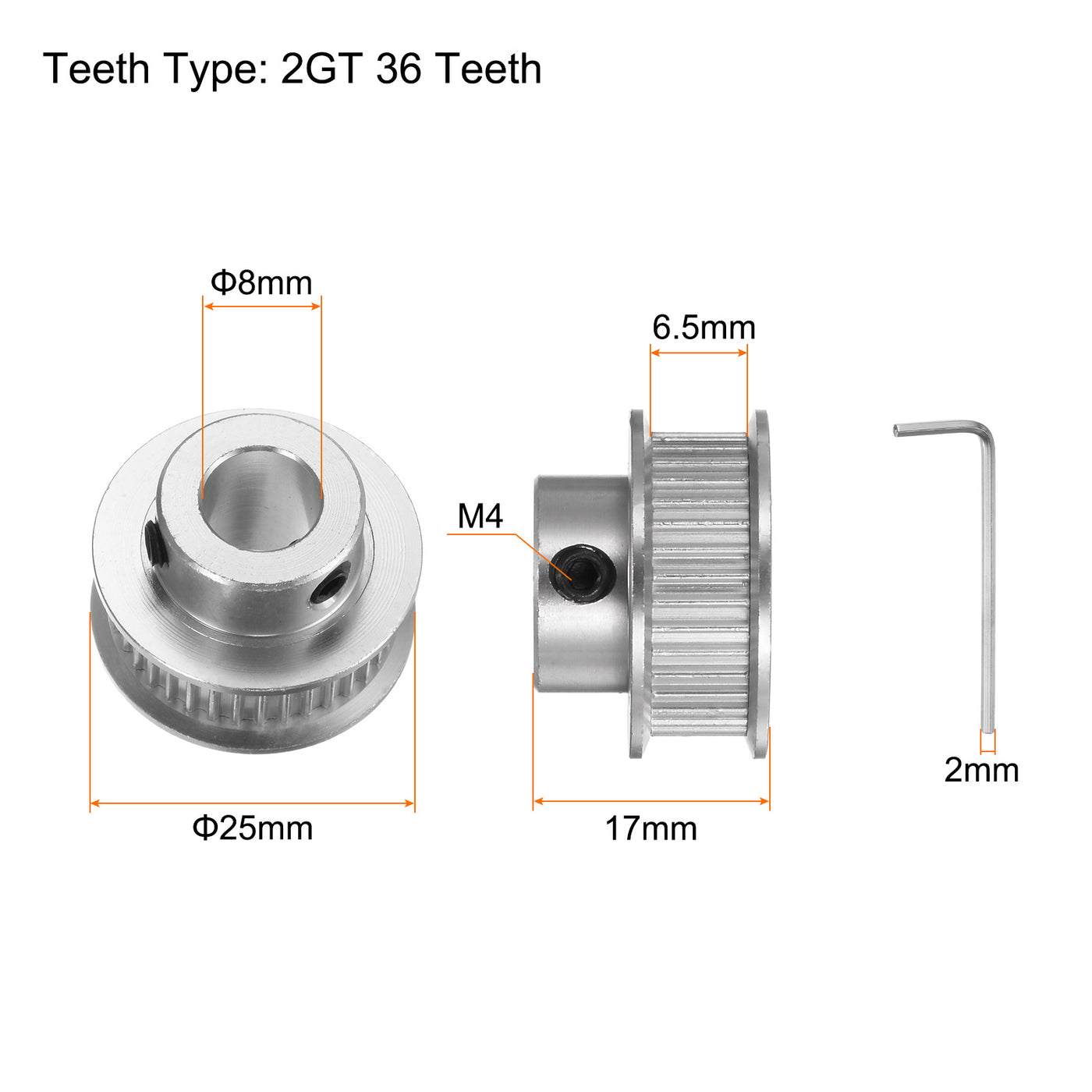 Harfington 2Stk 2GT Umlenkrolle 36 Zähne 8mm Bohrung 25mm Durchm. Aluminum Zahnriemen mit 2mm Sechskant Schlüssel für 6mm Breite Gürtel 3D Drucker CNC Maschine Zubehör Silberton