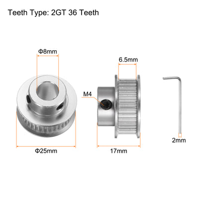 Harfington 2Stk 2GT Umlenkrolle 36 Zähne 8mm Bohrung 25mm Durchm. Aluminum Zahnriemen mit 2mm Sechskant Schlüssel für 6mm Breite Gürtel 3D Drucker CNC Maschine Zubehör Silberton