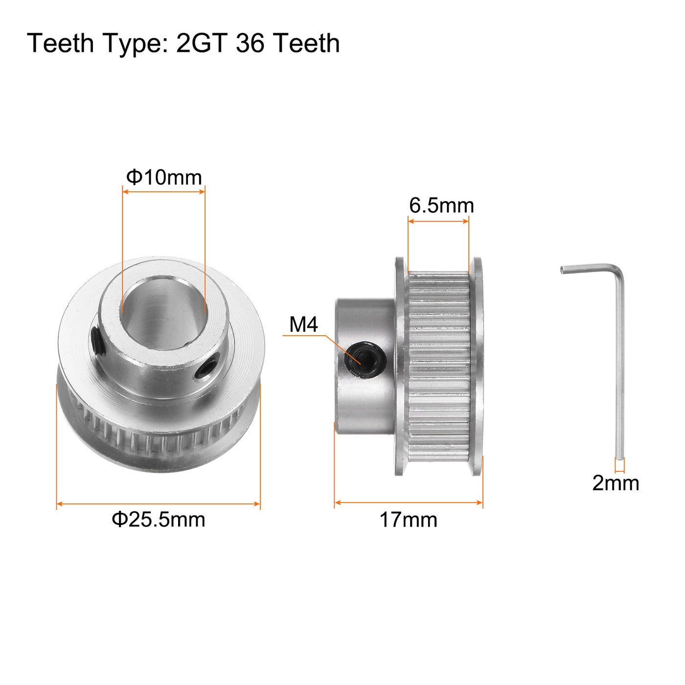 Harfington 2Stk 2GT Umlenkrolle 36 Zähne 10mm Bohrung 25.5mm Durchm. Aluminum Zahnriemen mit 2mm Sechskant Schlüssel für 6mm Breite Gürtel 3D Drucker CNC Maschine Zubehör Silberton