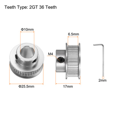 Harfington 2pcs 2GT Idler Pulley 36T 10mm Bore 25.5mm Dia.6mm Width Belt with 2mm Spanner