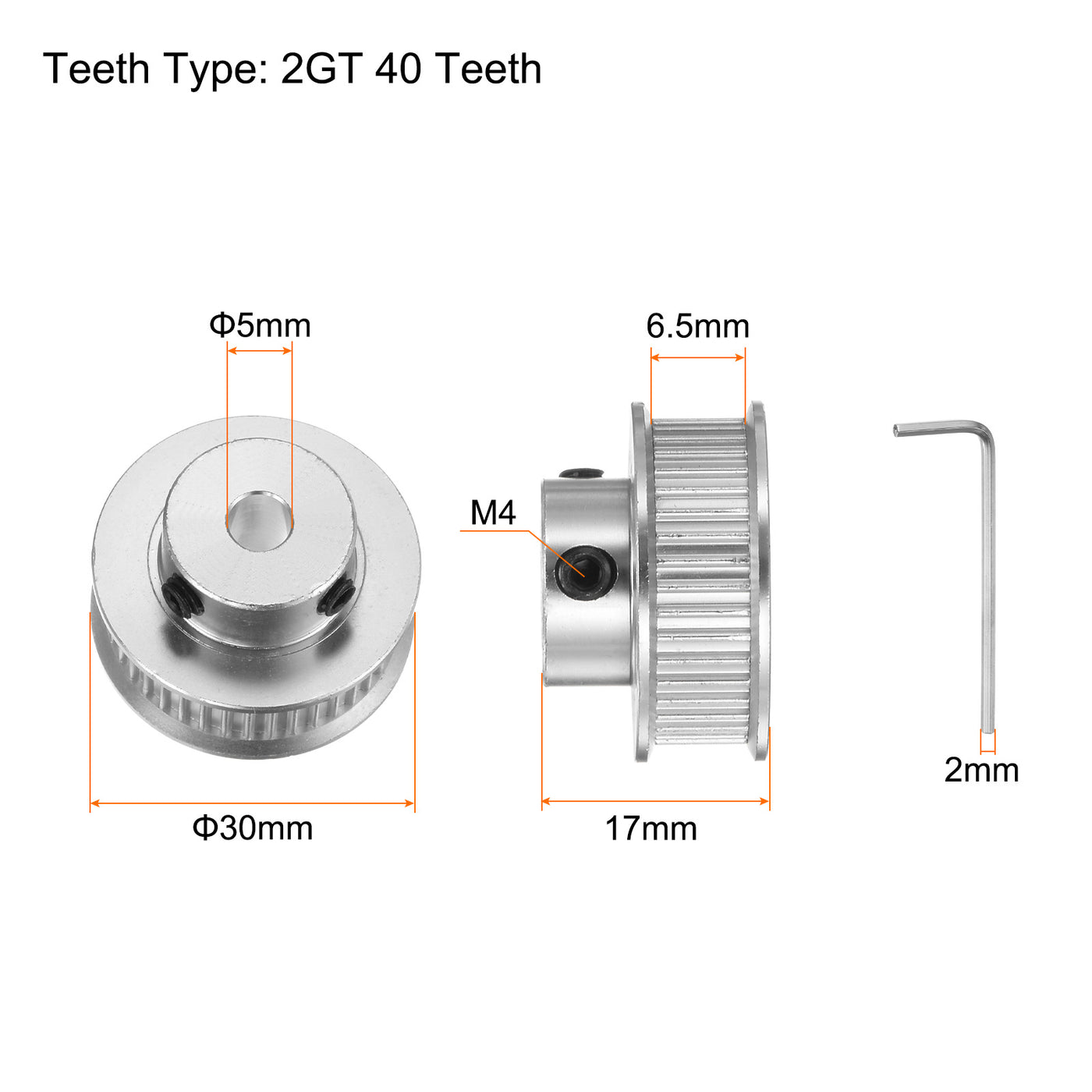 Harfington 2Stk 2GT Umlenkrolle 40 Zähne 5mm Bohrung 30mm Durchm. Aluminum Zahnriemen mit 2mm Sechskant Schlüssel für 6mm Breite Gürtel 3D Drucker CNC Maschine Zubehör Silberton