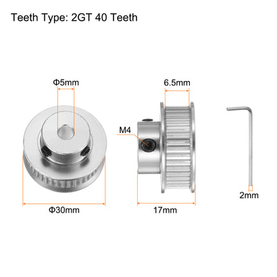 Harfington 2Stk 2GT Umlenkrolle 40 Zähne 5mm Bohrung 30mm Durchm. Aluminum Zahnriemen mit 2mm Sechskant Schlüssel für 6mm Breite Gürtel 3D Drucker CNC Maschine Zubehör Silberton