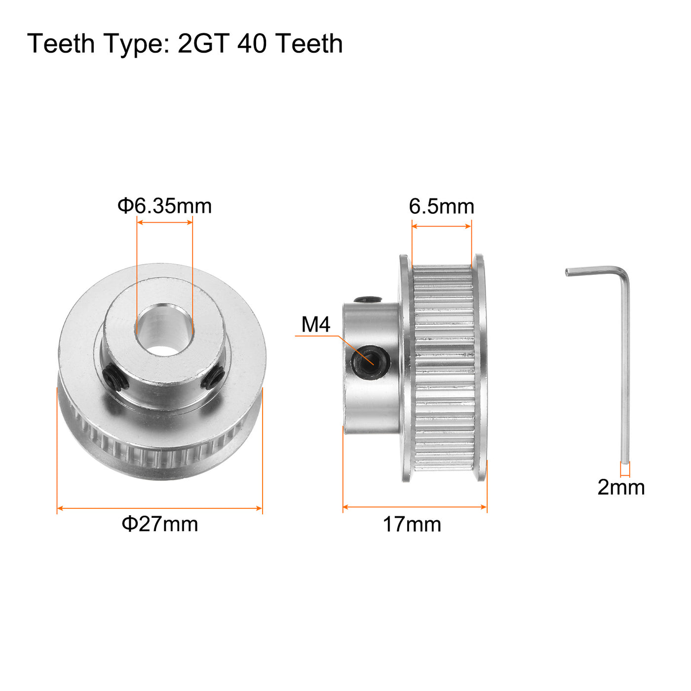 Harfington 2Stk 2GT Umlenkrolle 40 Zähne 6.35mm Bohrung 27mm Durchm. Aluminum Zahnriemen mit 2mm Sechskant Schlüssel für 6mm Breite Gürtel 3D Drucker CNC Maschine Zubehör Silberton