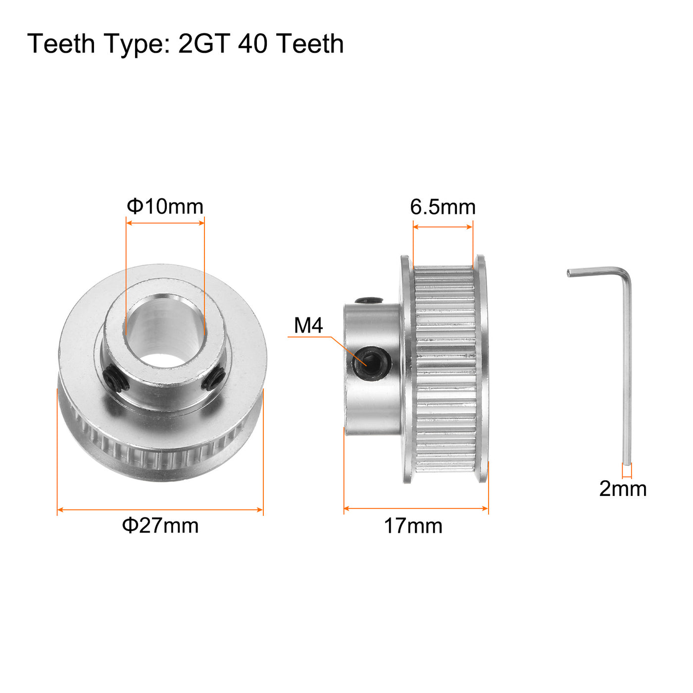 Harfington 2Stk 2GT Umlenkrolle 40 Zähne 10mm Bohrung 27mm Durchm. Aluminum Zahnriemen mit 2mm Sechskant Schlüssel für 6mm Breite Gürtel 3D Drucker CNC Maschine Zubehör Silberton