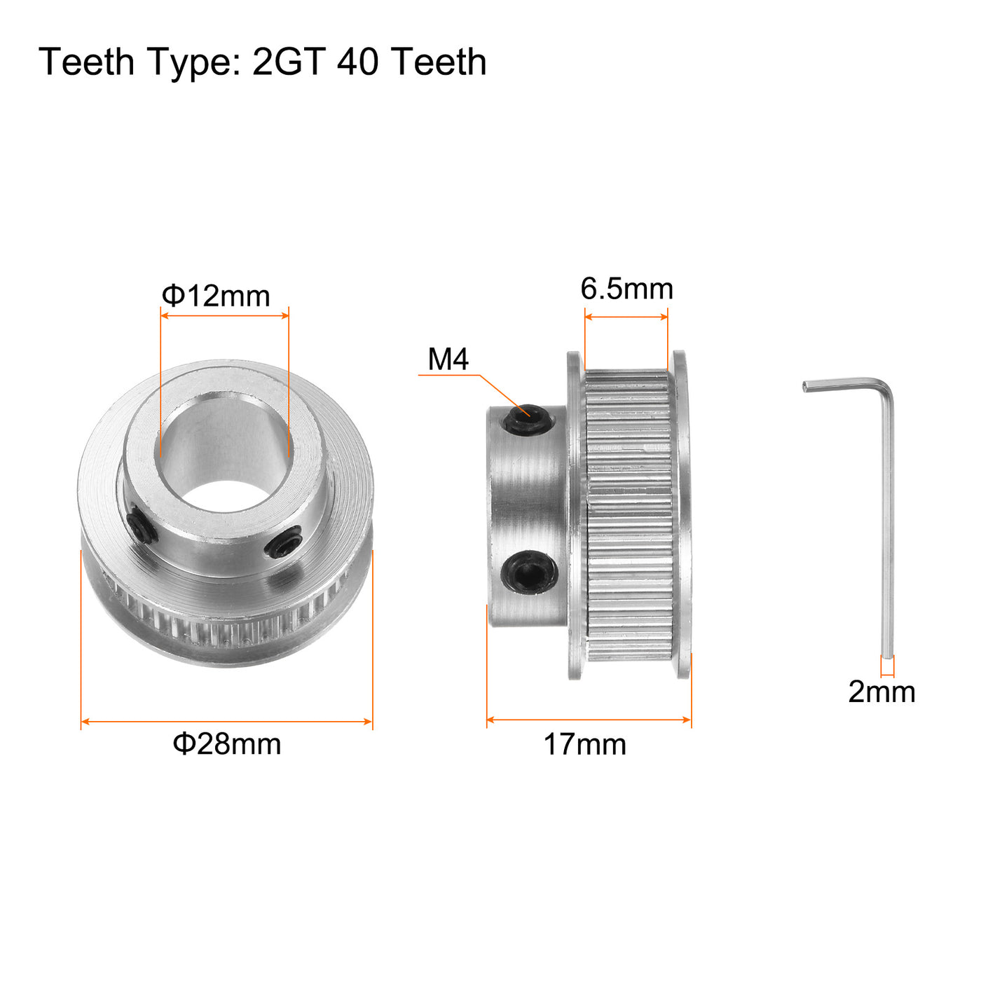 Harfington 2Stk 2GT Umlenkrolle 40 Zähne 10mm Bohrung 28mm Durchm. Aluminum Zahnriemen mit 2mm Sechskant Schlüssel für 6mm Breite Gürtel 3D Drucker CNC Maschine Zubehör Silberton