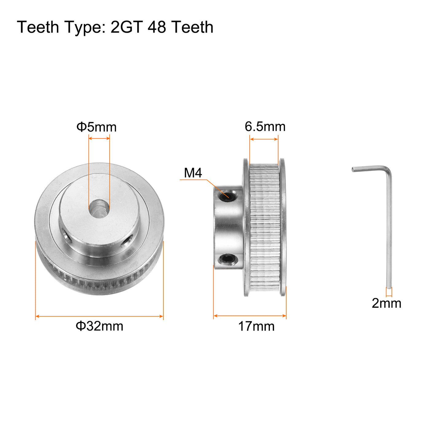 Harfington 2Stk 2GT Umlenkrolle 48 Zähne 5mm Bohrung 32mm Durchm. Aluminum Zahnriemen mit 2mm Sechskant Schlüssel für 6mm Breite Gürtel 3D Drucker CNC Maschine Zubehör Silberton