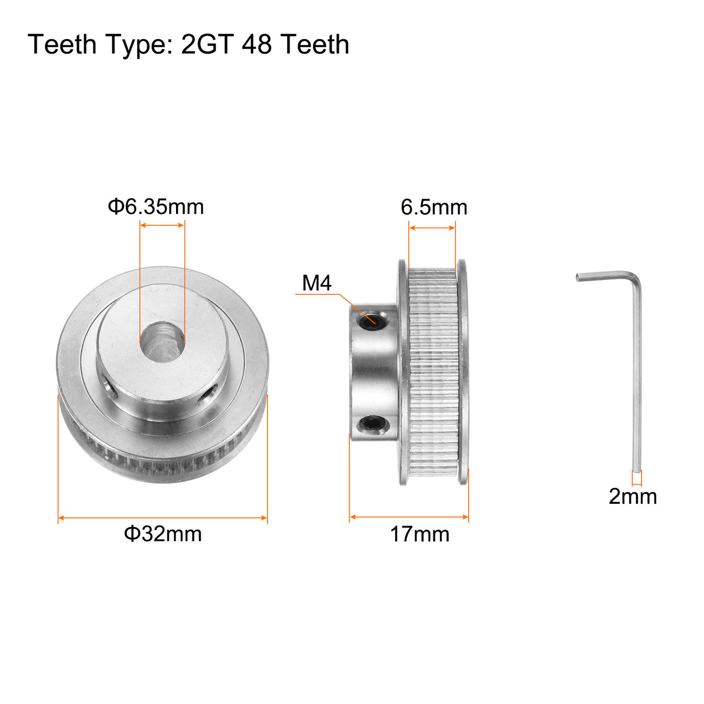 Harfington 2Stk 2GT Umlenkrolle 48 Zähne 6.35mm Bohrung 32mm Durchm. Aluminum Zahnriemen mit 2mm Sechskant Schlüssel für 6mm Breite Gürtel 3D Drucker CNC Maschine Zubehör Silberton