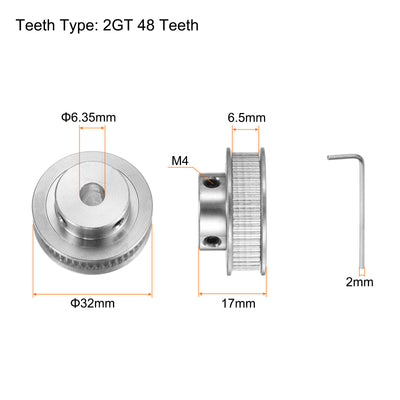 Harfington 2Stk 2GT Umlenkrolle 48 Zähne 6.35mm Bohrung 32mm Durchm. Aluminum Zahnriemen mit 2mm Sechskant Schlüssel für 6mm Breite Gürtel 3D Drucker CNC Maschine Zubehör Silberton