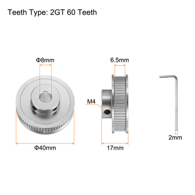 Harfington 2Stk 2GT Umlenkrolle 60 Zähne 8mm Bohrung 40mm Durchm. Aluminum Zahnriemen mit 2mm Sechskant Schlüssel für 6mm Breite Gürtel 3D Drucker CNC Maschine Zubehör Silberton