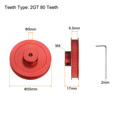 Harfington 2Stk 2GT Umlenkrolle 80 Zähne 5mm Bohrung 55mm Durchm. Aluminum Zahnriemen mit 2mm Sechskant Schlüssel für 6mm Breite Gürtel 3D Drucker CNC Maschine Zubehör Rot