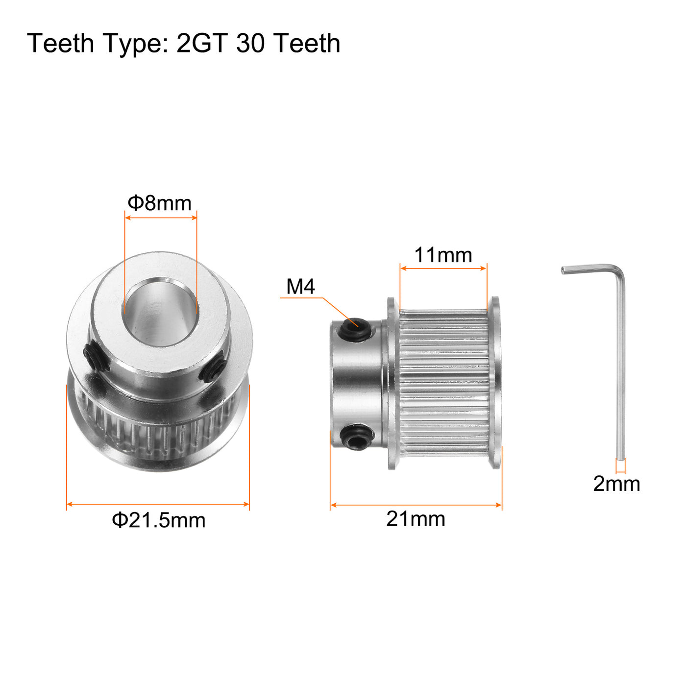 Harfington 2Stk 2GT Umlenkrolle 30 Zähne 8mm Bohrung 21.5mm Durchm. Aluminum Zahnriemen mit 2mm Sechskant Schlüssel für 10mm Breite Gürtel 3D Drucker CNC Maschine Zubehör Silberton