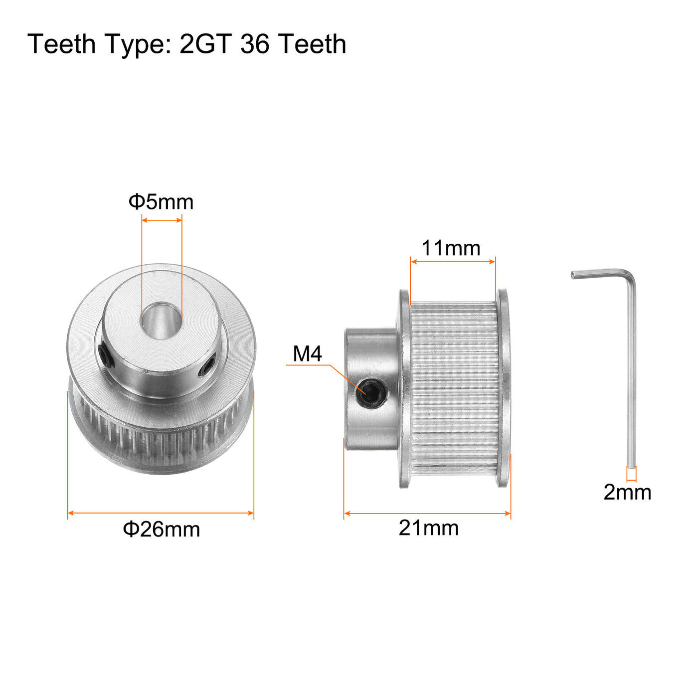 Harfington 2pcs 2GT Idler Pulley 36T 5mm Bore 26mm Dia.10mm Width Belt with 2mm Spanner