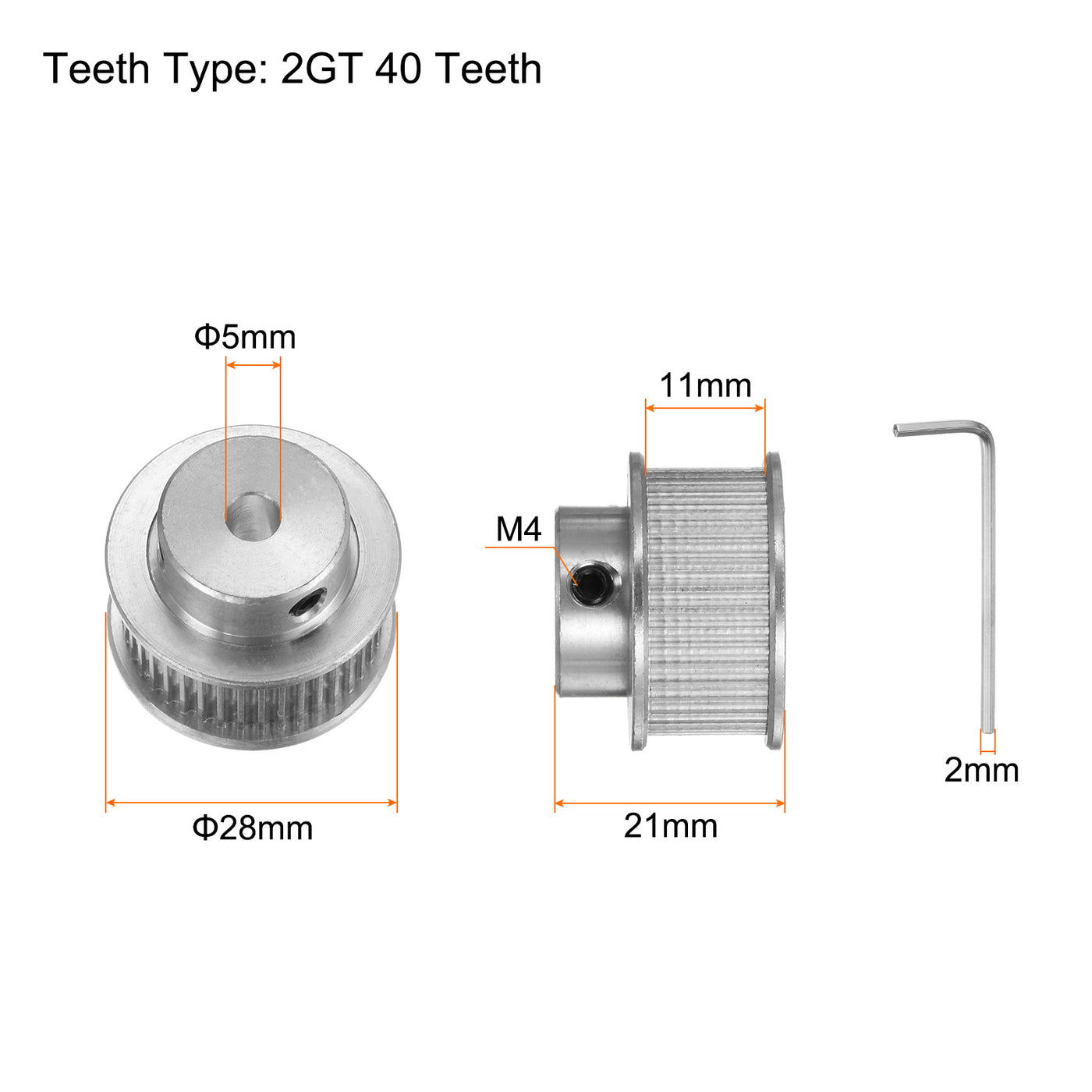 Harfington 2pcs 2GT Idler Pulley 40T 5mm Bore 28mm Dia.10mm Width Belt with 2mm Spanner